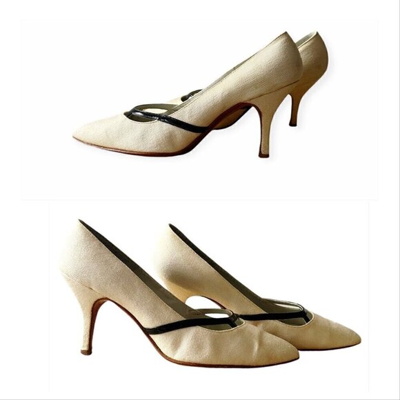 Vintage Roger Vivier Ecru Fabric Pumps with Black Patent‎ Trim, Size 6.5B - Picture 7 of 16